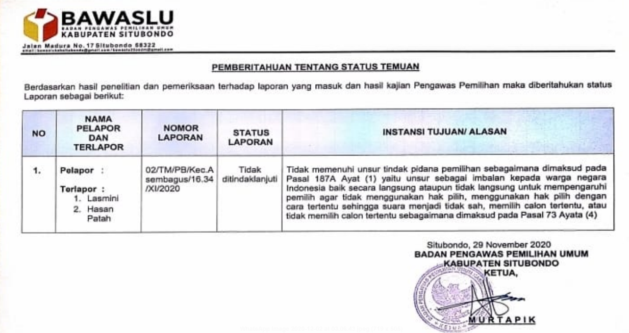 BST di Politisir, BAWASLU SITUBONDO : Tidak Memenuhi Unsur Tindak Pidana